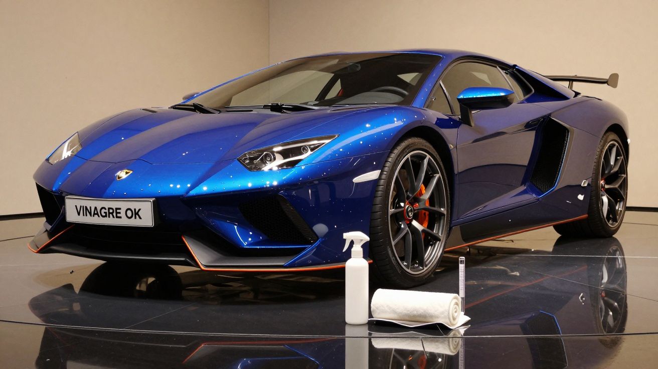 Carro desportivo azul em exposição, com uma garrafa pulverizadora e toalha no chão em frente.