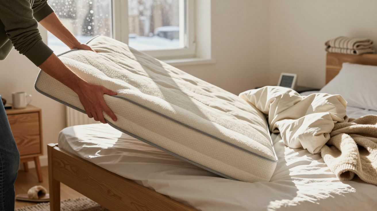 Pessoa a virar um colchão numa cama desfeita ao lado de uma janela iluminada pelo sol.