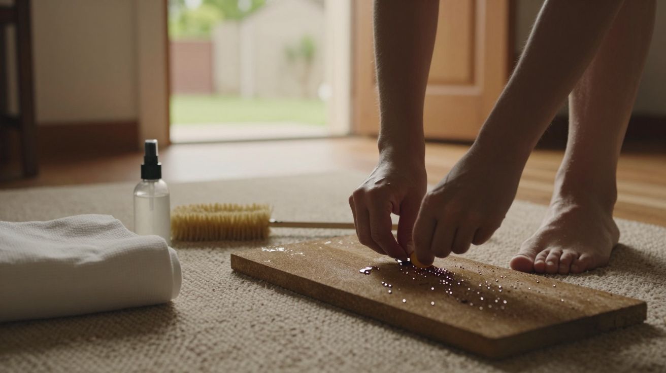 Pés descalços no chão, mãos limpam grãos de uma tábua. Sprays e escova ao lado em carpete bege. Fundo de porta aberta.