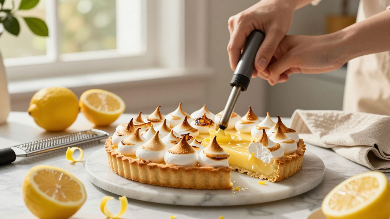 Mãos a torrar merengue numa tarte de limão sobre uma mesa de mármore, rodeada de limões e raspas.