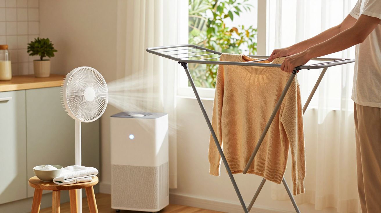 Pessoa pendura camisola num estendal portátil, perto de ventoinha e purificador de ar, em sala iluminada.