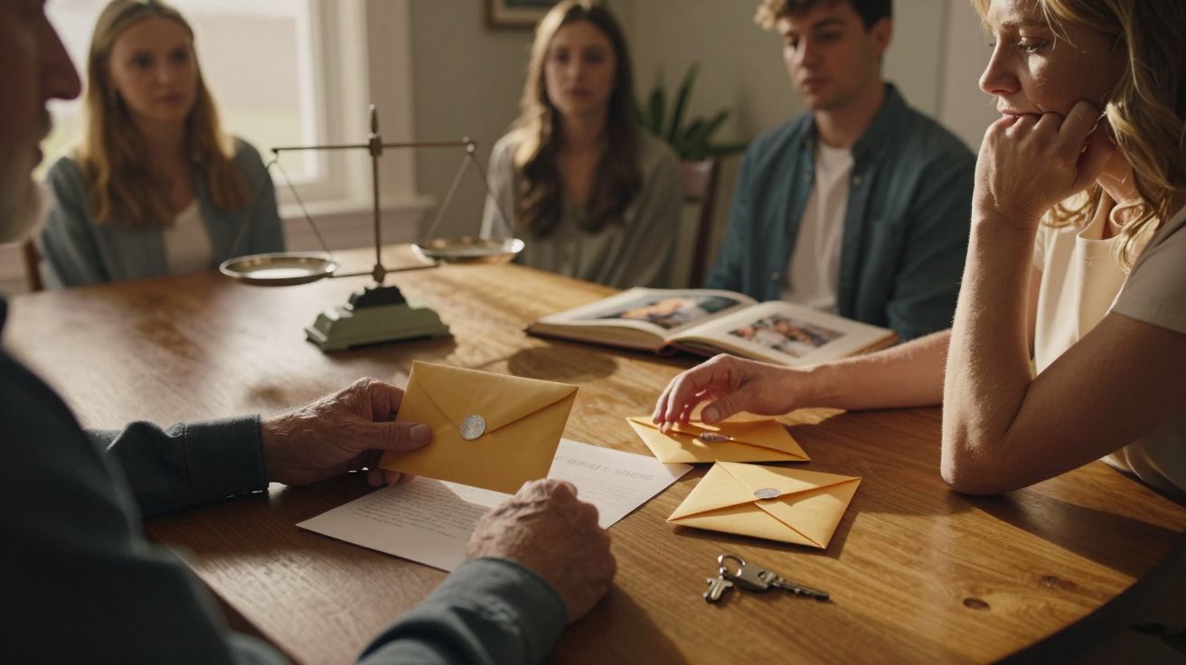 Cinco pessoas sentadas em volta de uma mesa com envelopes, um livro de fotos, balança de justiça e chaves ao centro.