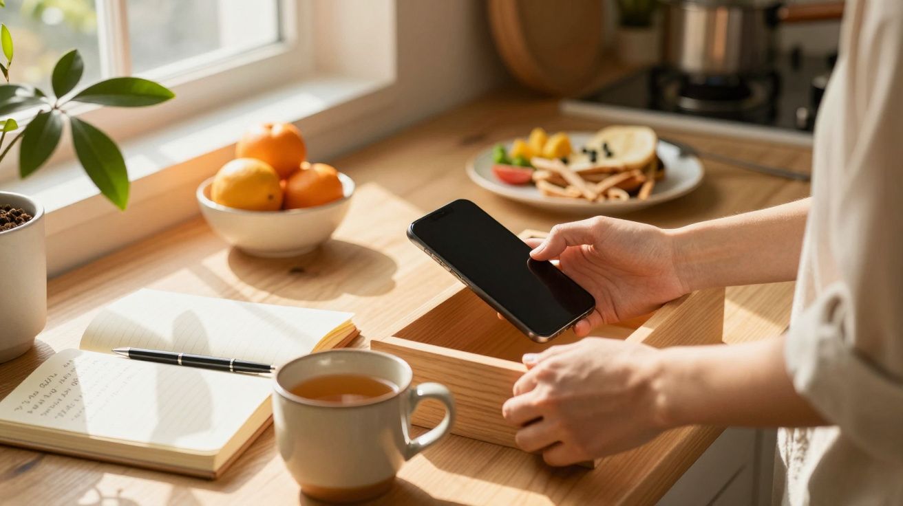 Pessoa segurando smartphone numa cozinha iluminada, com chávena, caderno e frutas ao redor.