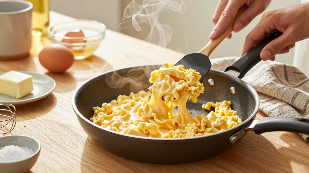 Massa de ovo a ser mexida numa frigideira preta sobre uma mesa de madeira, com ingredientes ao fundo.