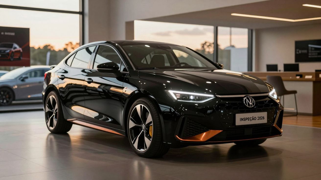 Carro preto moderno em exposição num showroom, com detalhes em cobre e matrícula "INSPEÇÃO 2026".