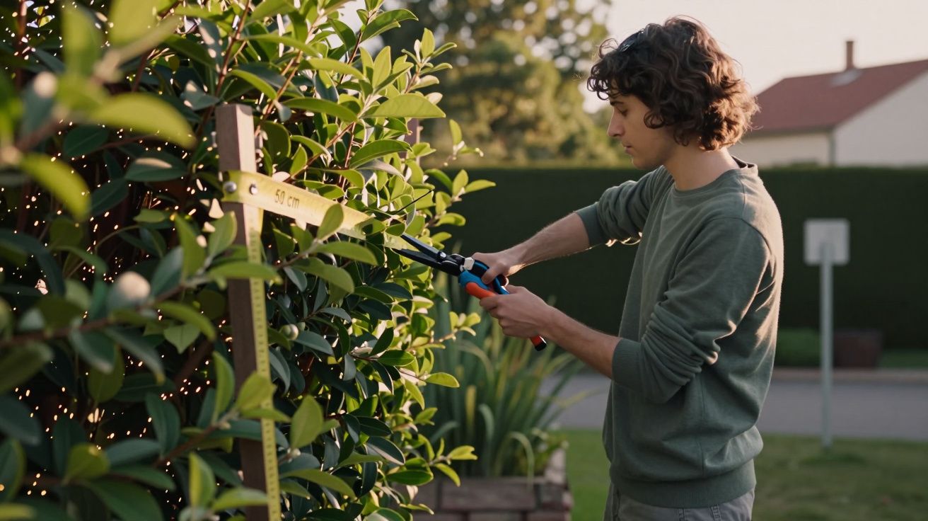 Homem jovem podando uma sebe com uma tesoura de jardinagem num bairro residencial ensolarado.