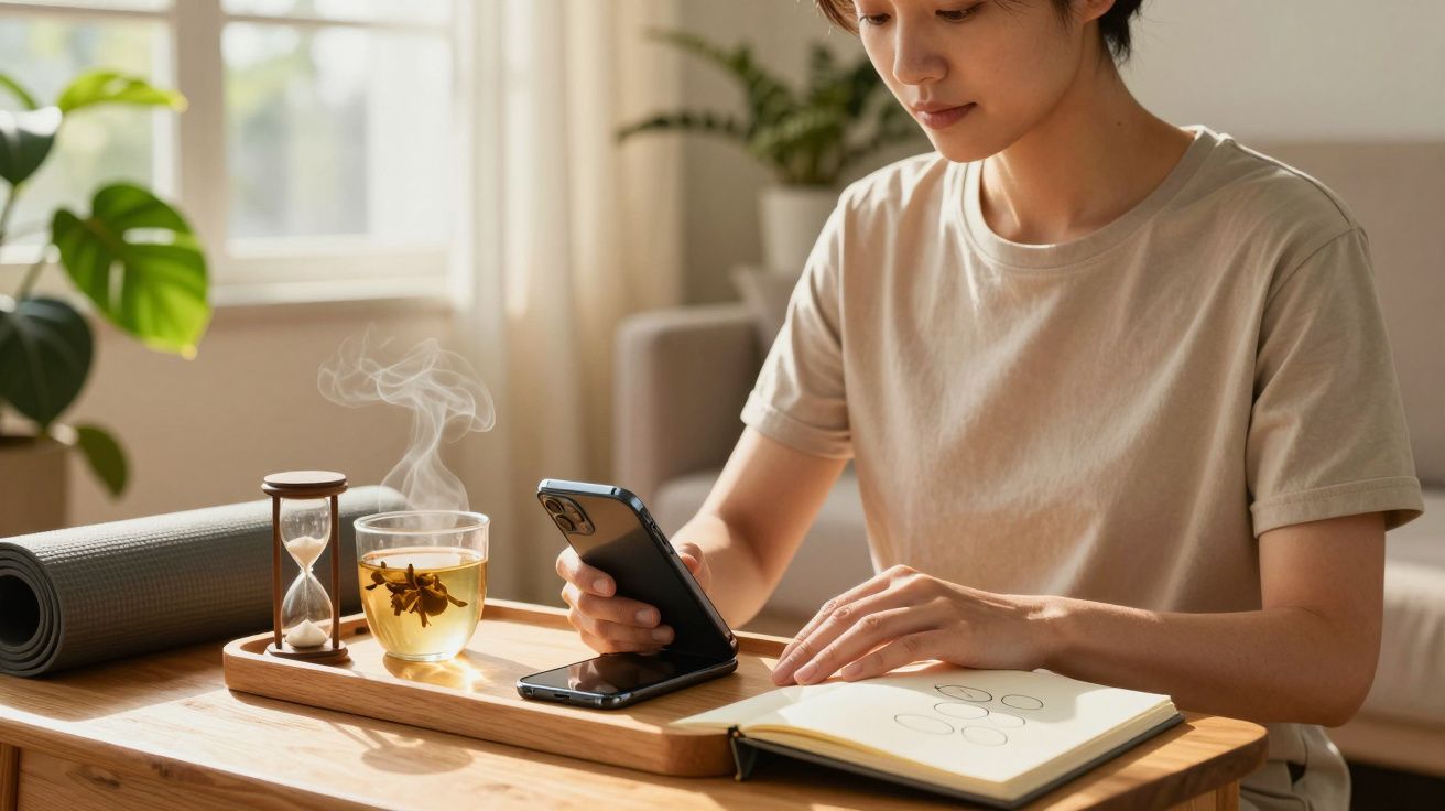 Pessoa sentada à mesa com chá, telefone, caderno, ampulheta e tapete de ioga. Ambiente iluminado e plantas ao fundo.