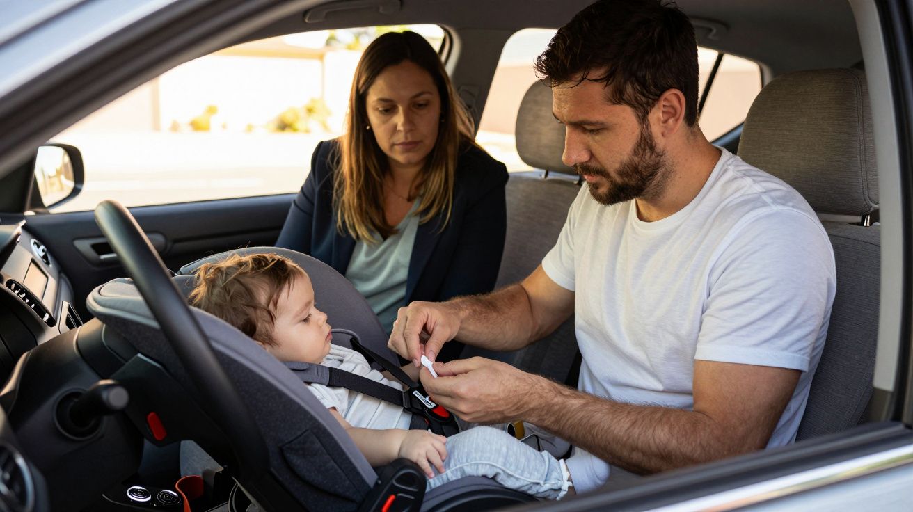Casal instala cadeirinha de bebé no carro, verificando segurança enquanto o bebé observa.