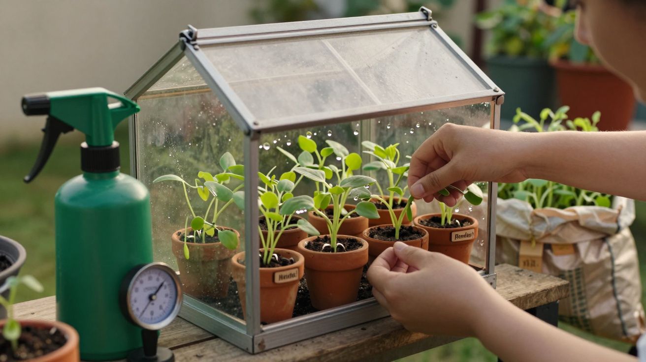 Mãos cuidando de plântulas em vasos pequenos dentro de uma mini estufa de vidro. Pulverizador ao lado.