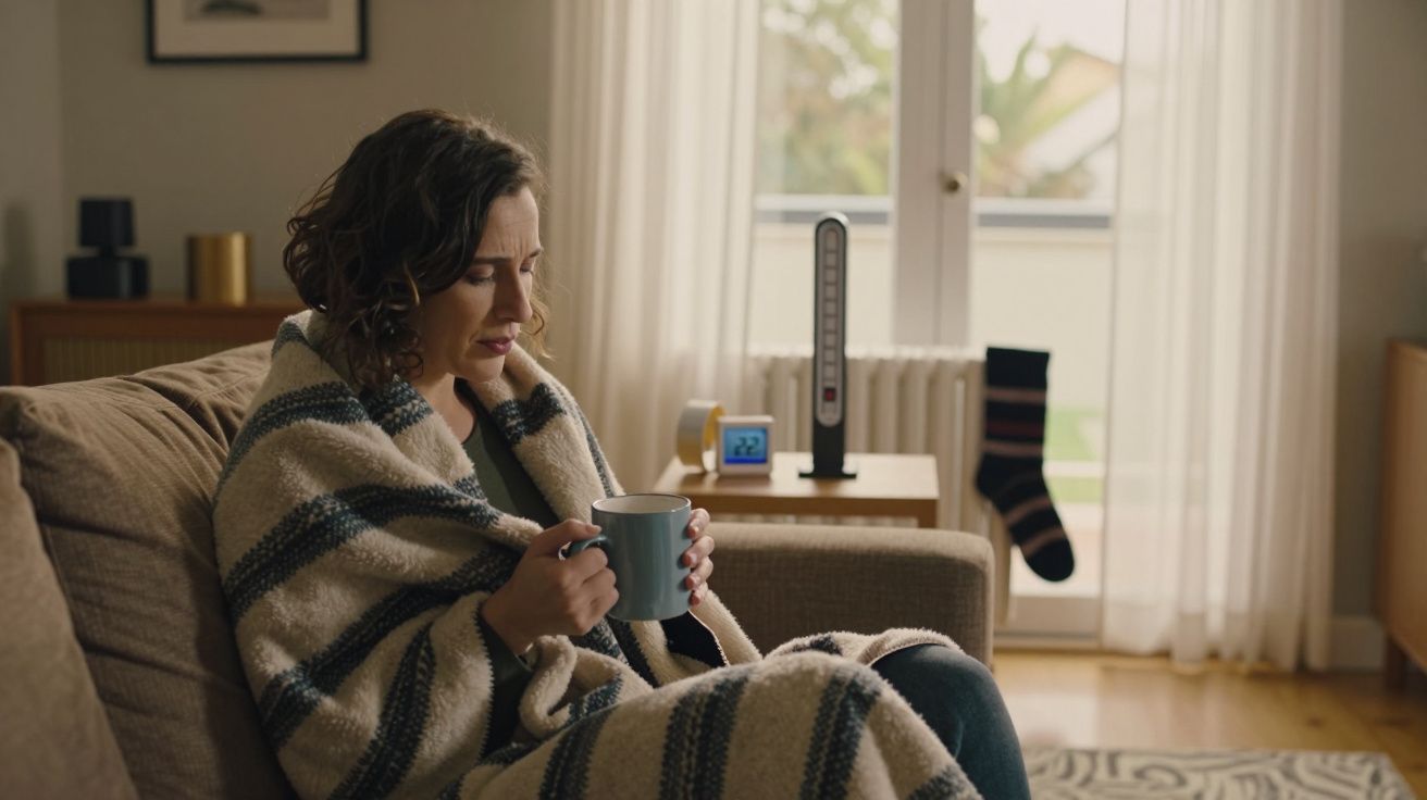 Mulher debaixo de um cobertor no sofá, segurando uma chávena. Radiador com meias penduradas ao fundo.