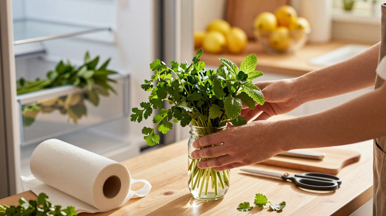 Pessoa coloca ervas frescas num jarro de vidro numa cozinha, com papel de cozinha e tesoura ao lado.
