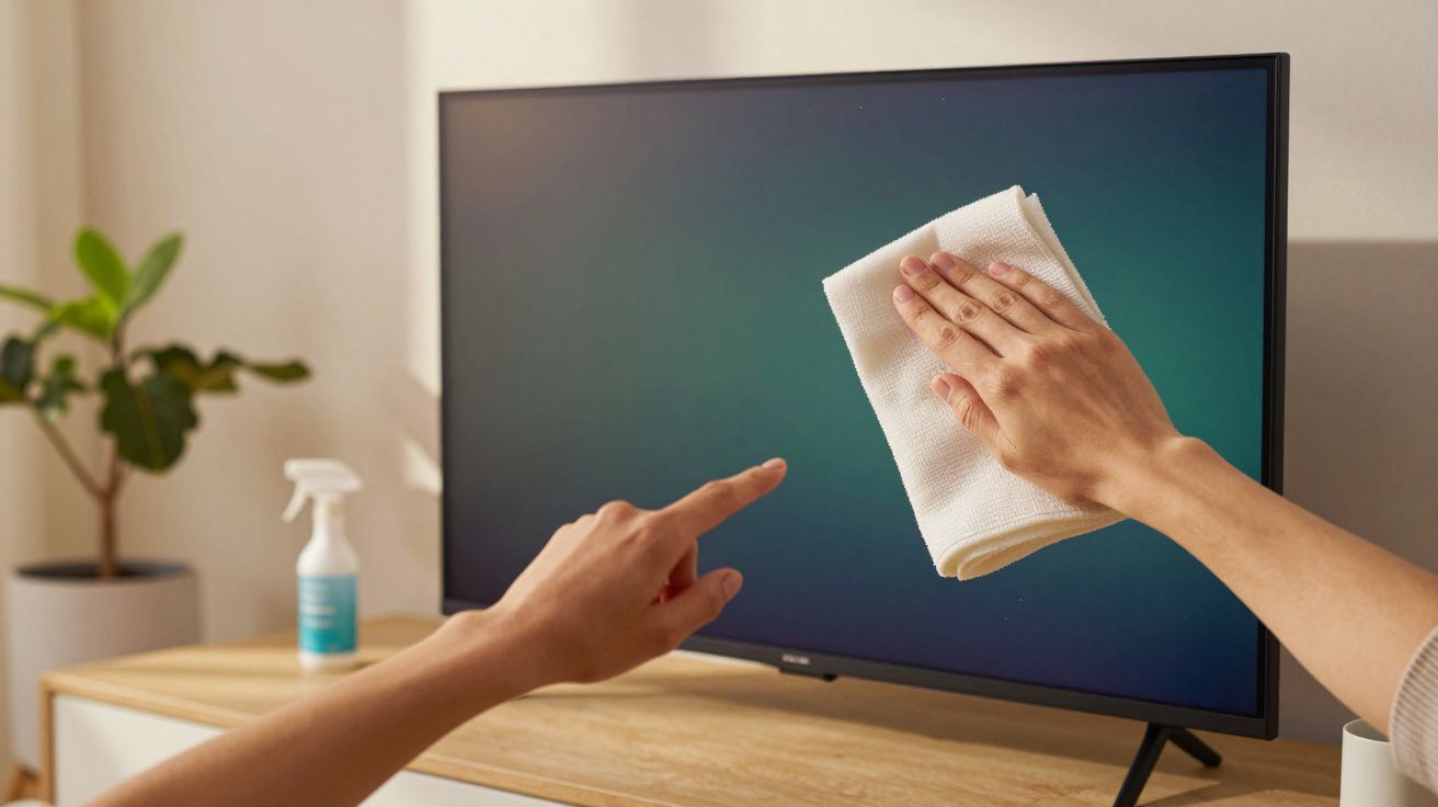 Pessoa limpa ecrã de televisão com pano branco; há mais uma mão a apontar para o ecrã.