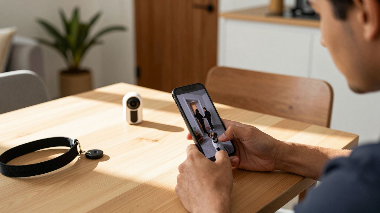Homem segura smartphone enquanto observa imagem de duas pessoas na tela; câmaras e alça sobre a mesa.