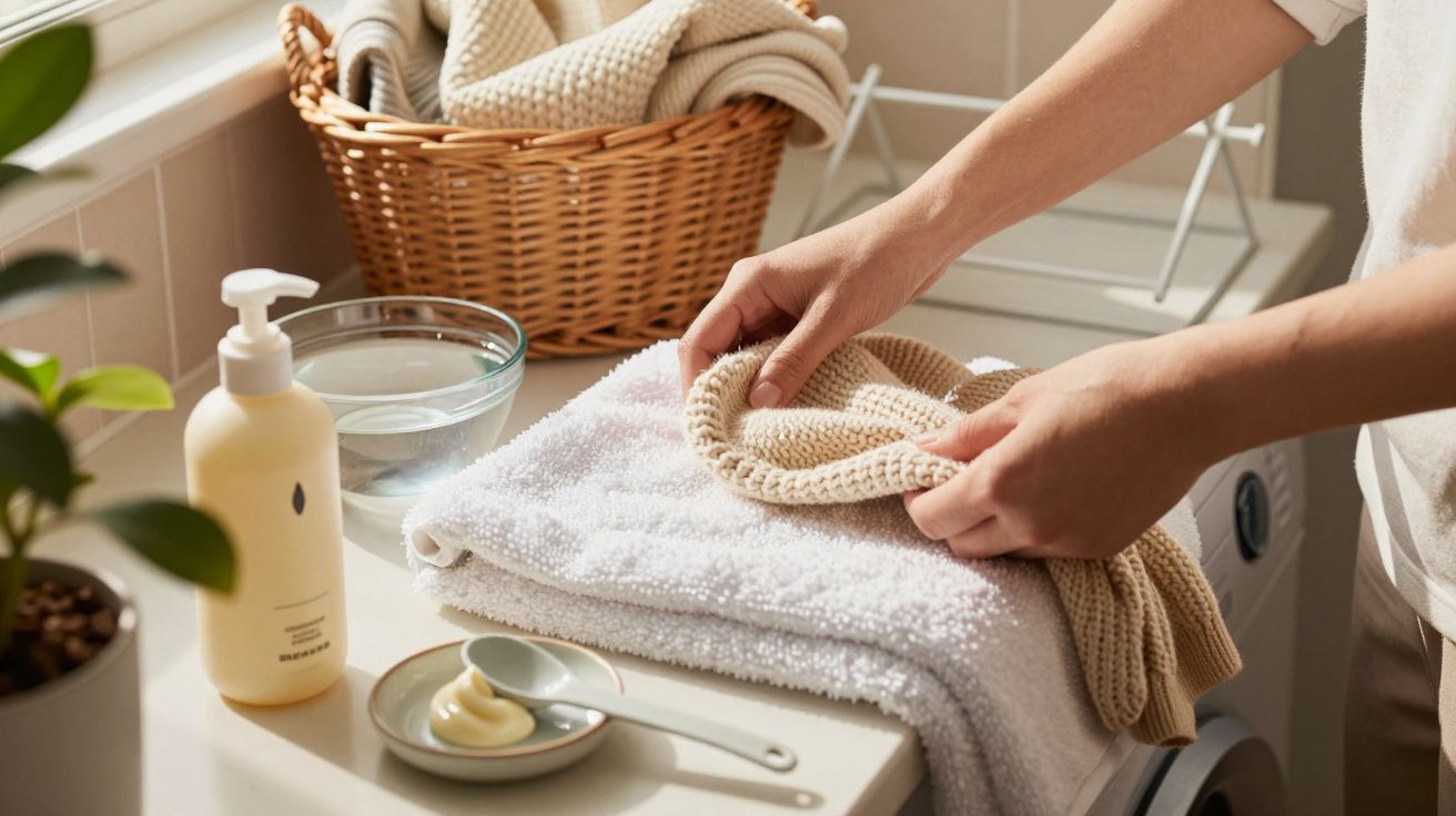 Pessoa a dobrar toalhas ao lado de cestos de roupa e produtos de lavagem numa lavandaria iluminada pelo sol.