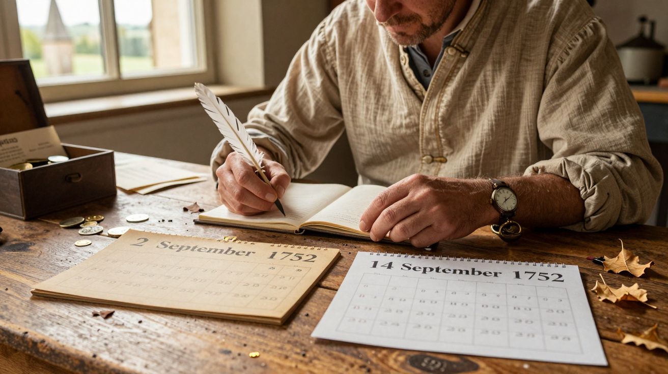Homem a escrever com pena, calendário de setembro de 1752 na mesa, com datas 2 e 14 destacadas.