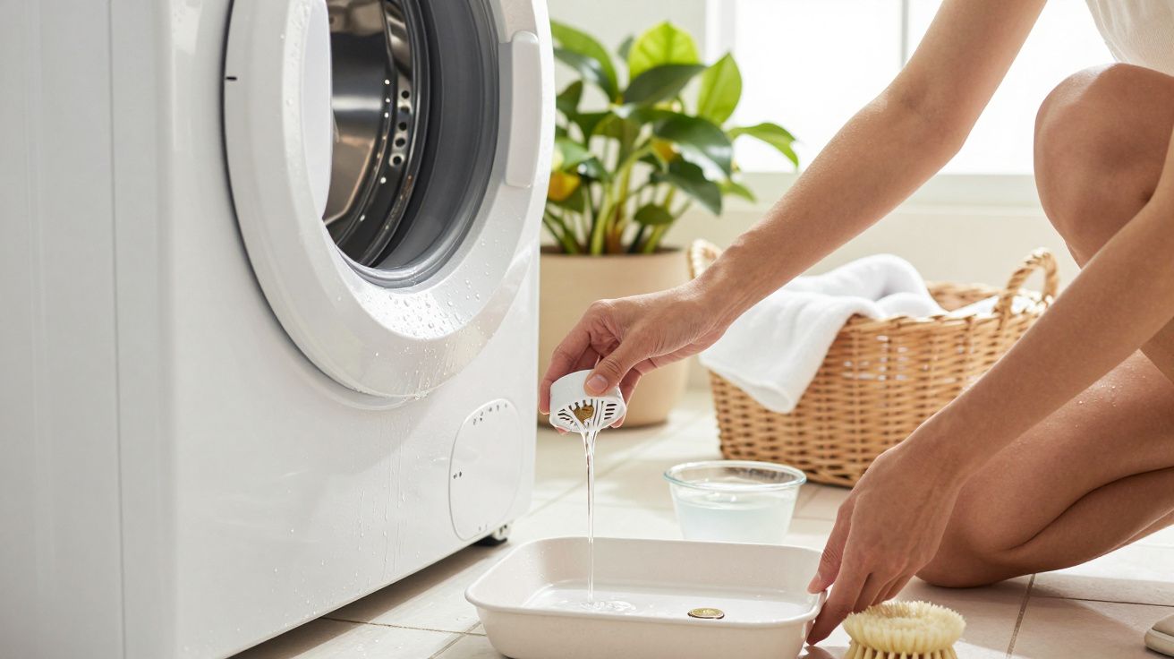 Pessoa esvazia máquina de lavar, sobre chão com bacia branca, toalha e planta ao fundo.
