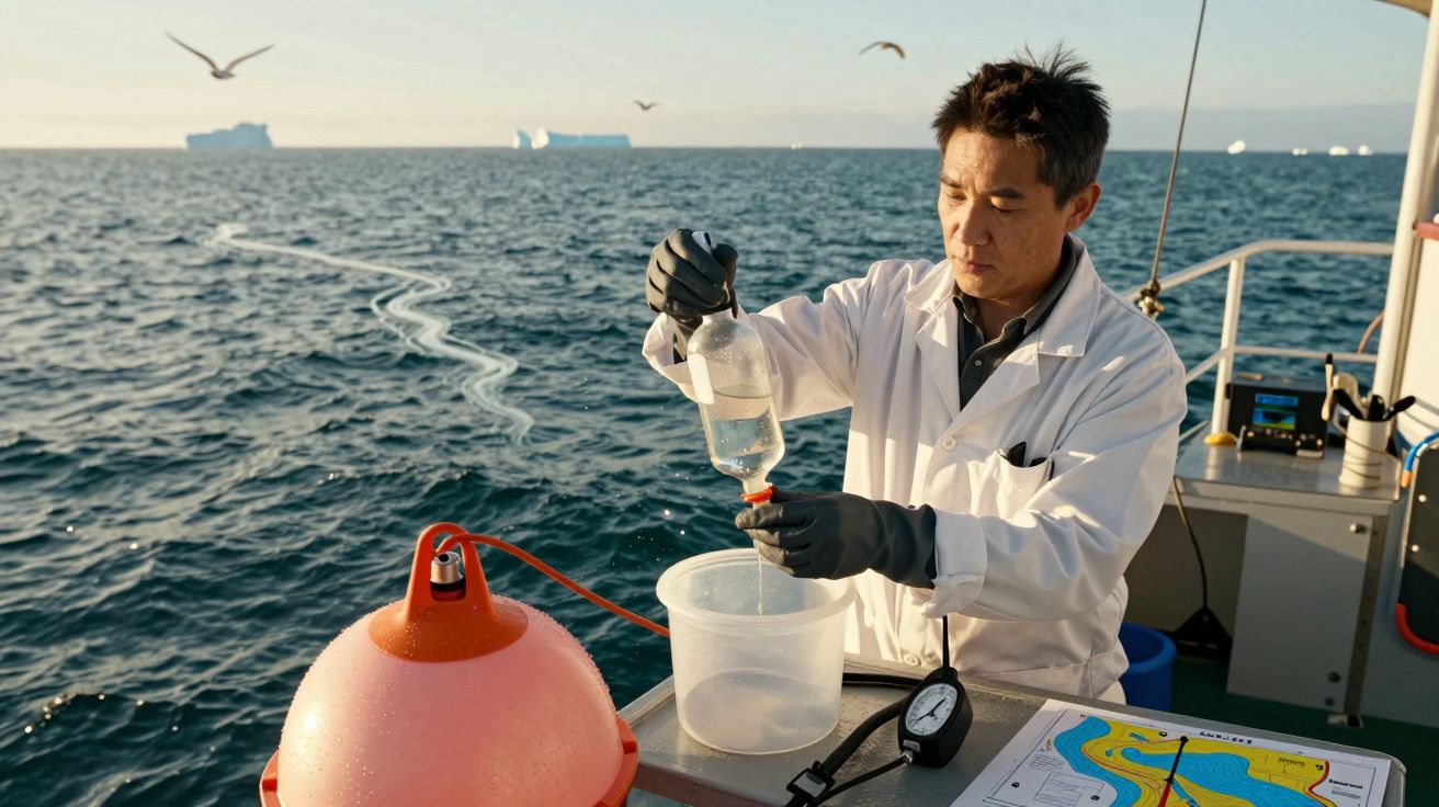 Cientista numa embarcação no oceano, usando equipamento de laboratório para coletar amostras de água.