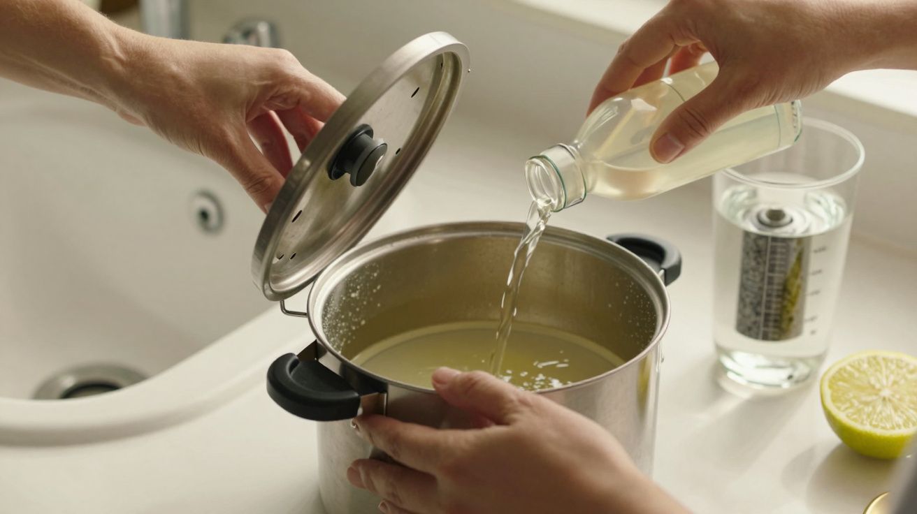 Mãos a segurar uma panela enquanto se verte líquido de uma garrafa, com um copo de água e metade de limão ao lado.