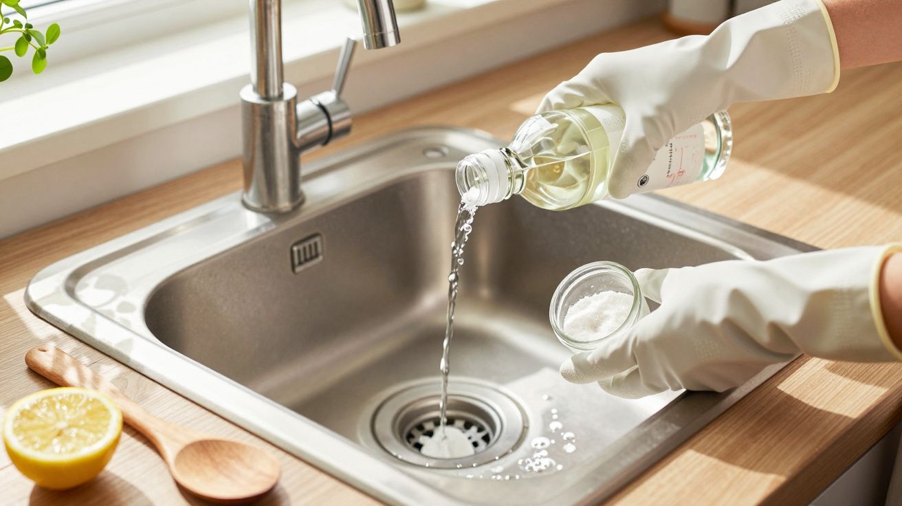 Mãos com luvas despejam vinagre e bicarbonato de sódio num lava-loiça de aço inoxidável, com limão e colher ao lado.