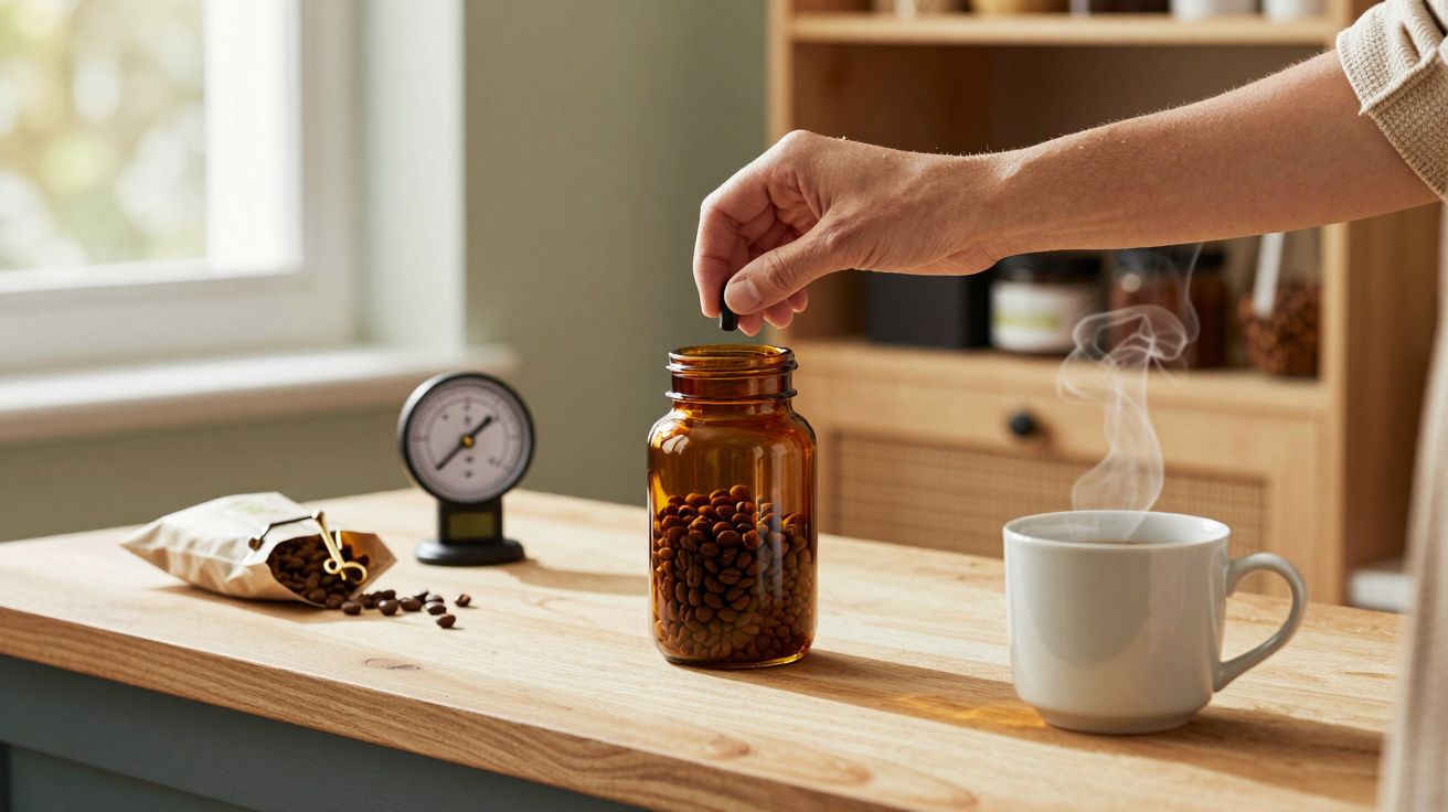 Mão colocando grão num frasco de vidro castanho ao lado de caneca fumegante e relógio sobre mesa de madeira.