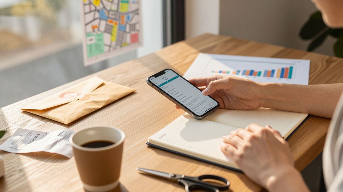 Pessoa a usar smartphone enquanto escreve num caderno, com gráficos, envelope e café sobre a mesa.
