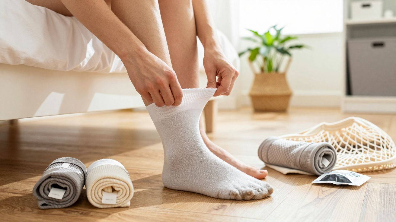 Pessoa a calçar meias brancas num quarto; no chão estão meias enroladas e um saco de rede.