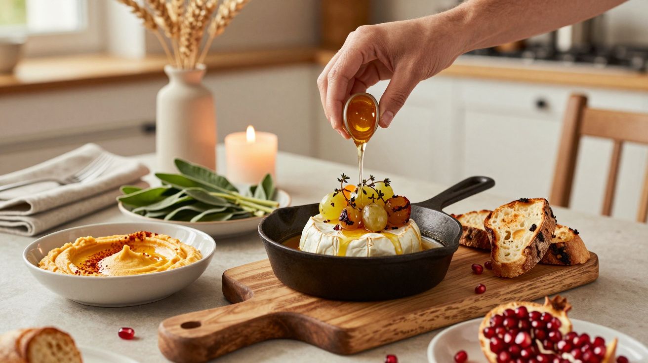 Mão a verter mel sobre queijo com uvas numa frigideira. Pão torrado e hummus ao lado, numa mesa bem decorada.