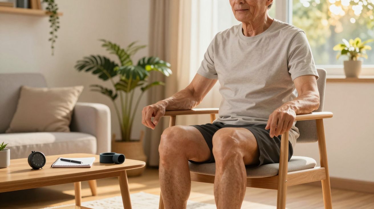 Homem idoso sentado numa cadeira numa sala iluminada, rodeado por plantas, mesa com bloco de notas e pequena coluna.