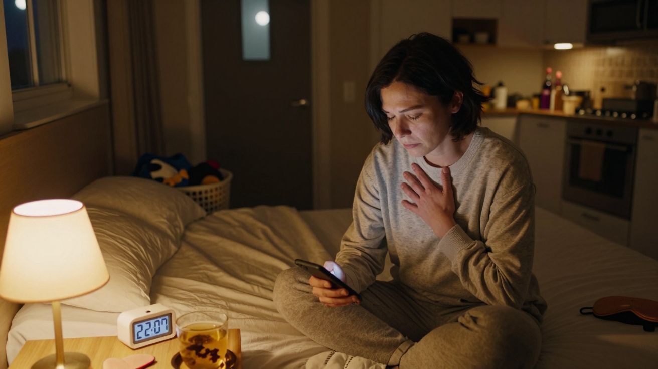 Pessoa sentada na cama à noite, olhando para o telemóvel, com comida e despertador na mesa de cabeceira.