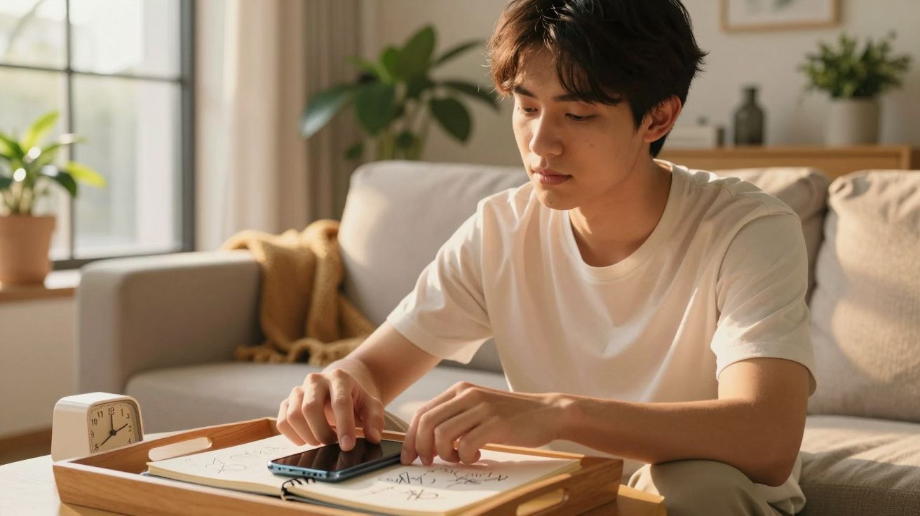 Homem sentado em sofá, concentrado, com bloco de notas e telemóvel numa mesa de madeira. Sala com plantas e luz natural.