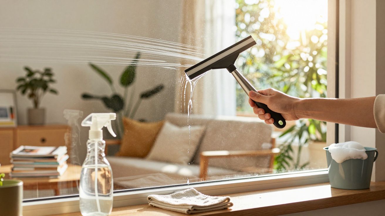 Pessoa a limpar janela com rodinho, frasco de spray e balde ao lado, numa sala iluminada pelo sol.
