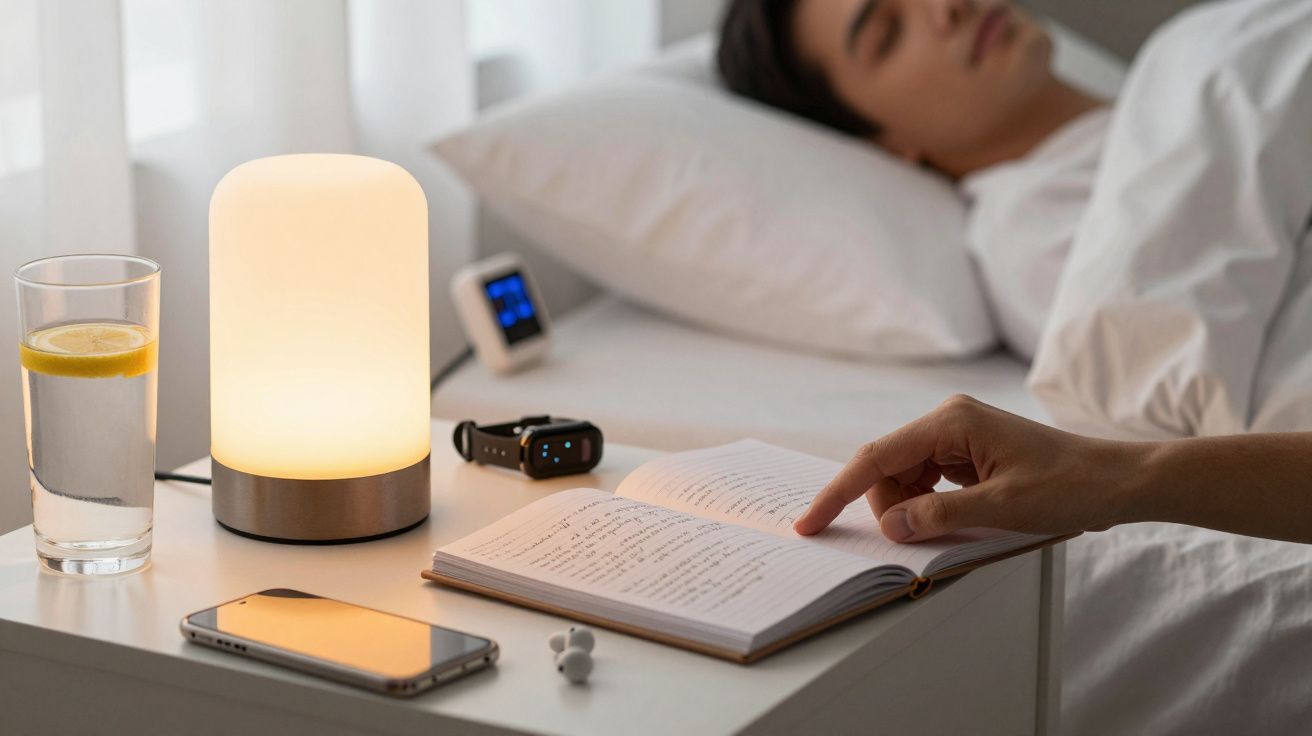 Homem a dormir numa cama ao lado de uma mesa com abajur aceso, livro aberto, smartphone e copo de água com limão.