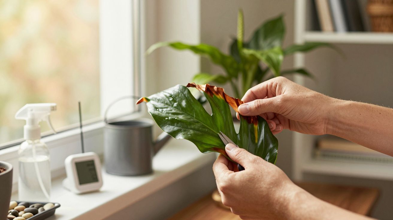 Mãos examinando folhas de uma planta junto a uma janela, com regador e termómetro por perto.