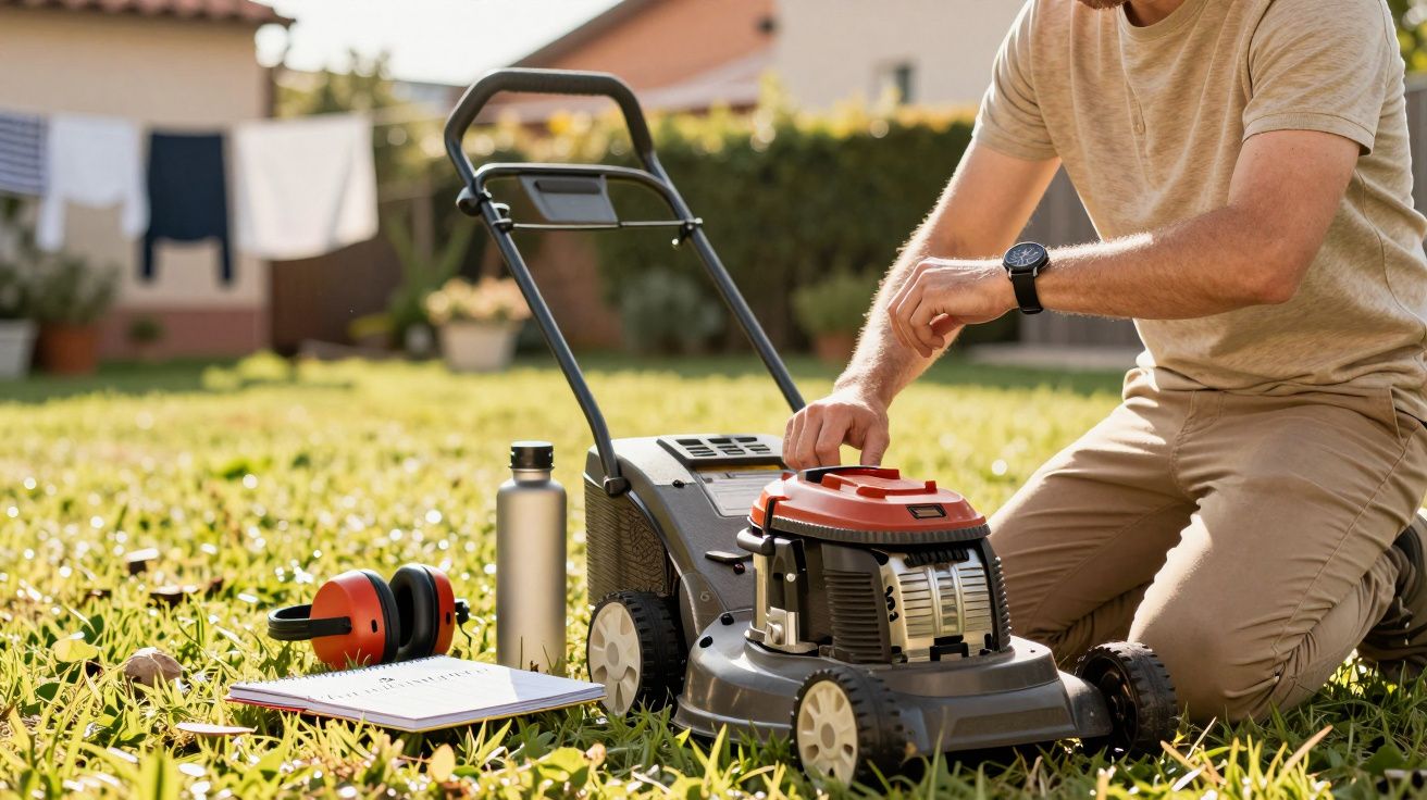 Homem ajoelhado verifica cortador de relva no jardim, com tampões, garrafa e bloco de notas no chão ao lado.