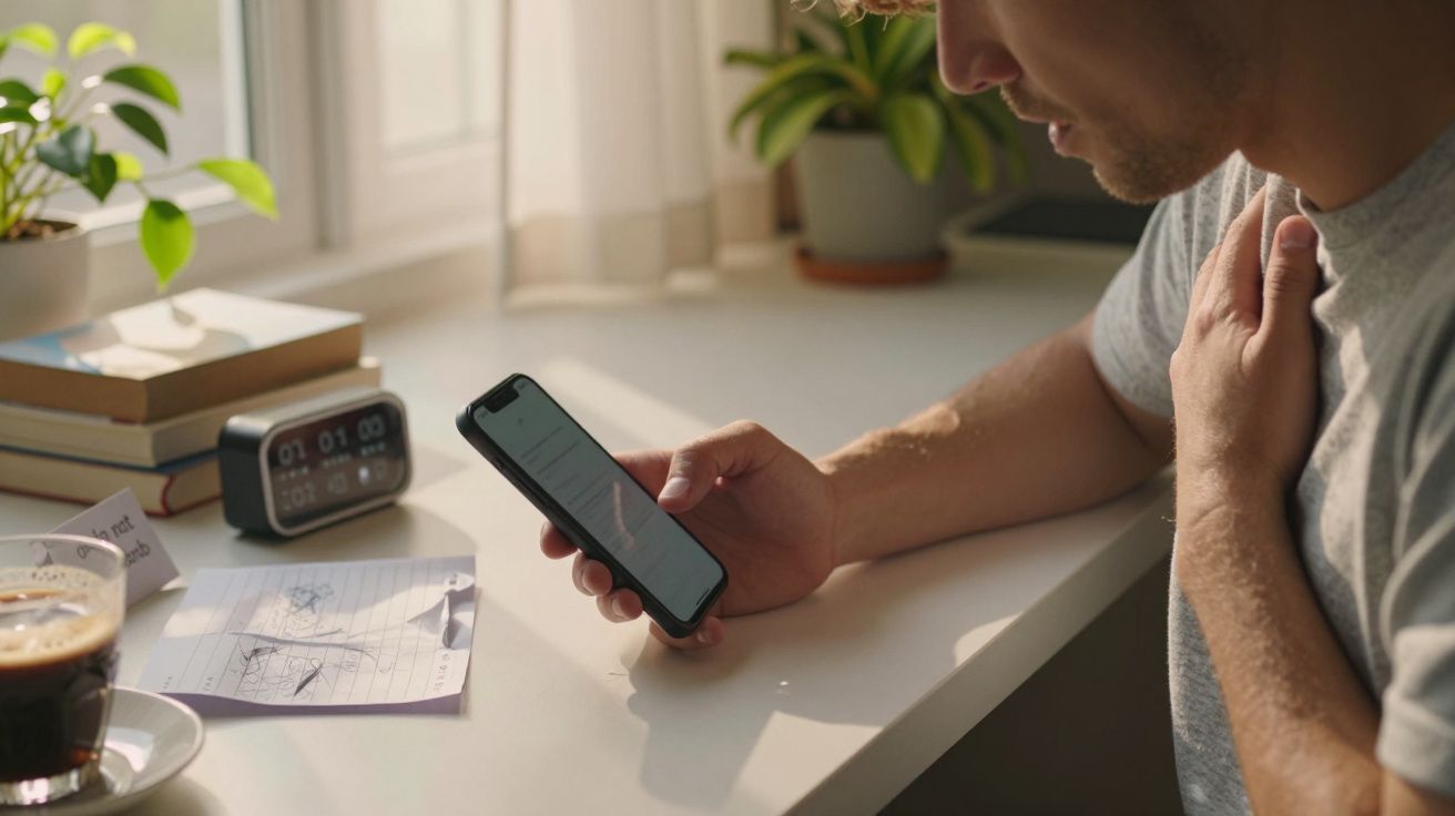 Homem sentado à secretária, segurando um smartphone, com um café e papéis ao lado.