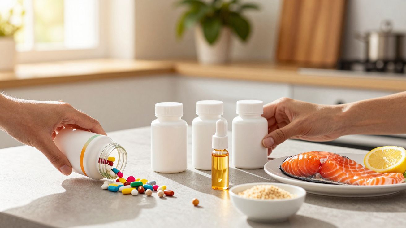 Mãos seguram frascos de suplementos e óleo, com salmão, limão e sementes sobre a mesa da cozinha iluminada pelo sol.