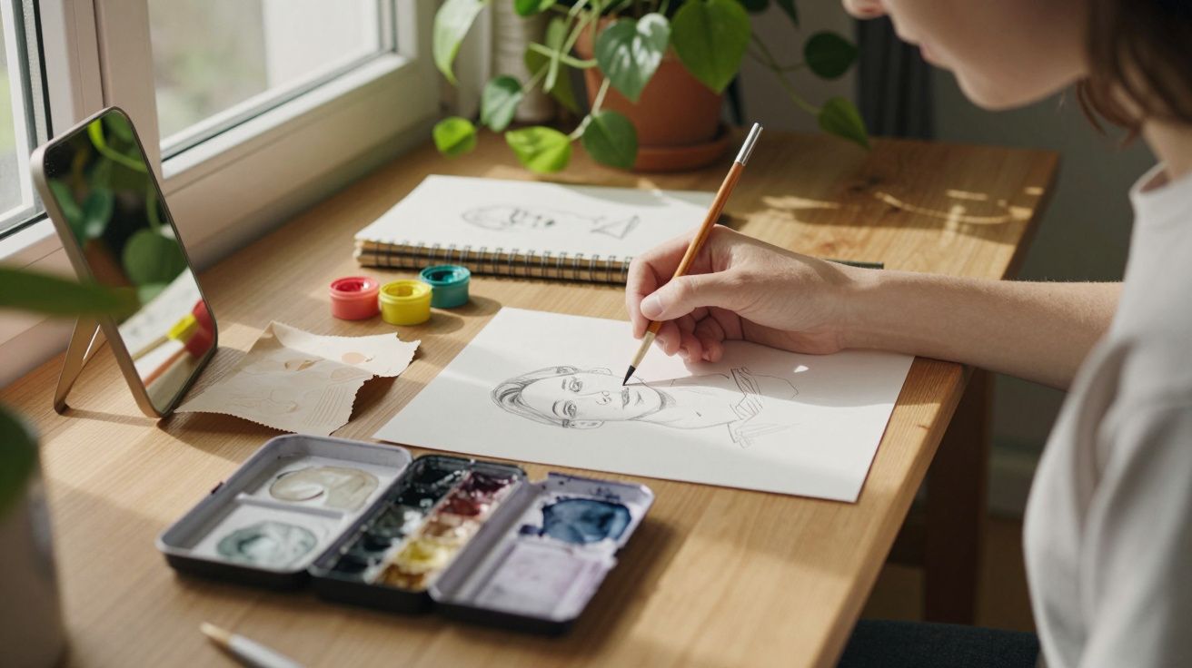 Pessoa a desenhar retrato a lápis numa mesa com tintas e plantas.