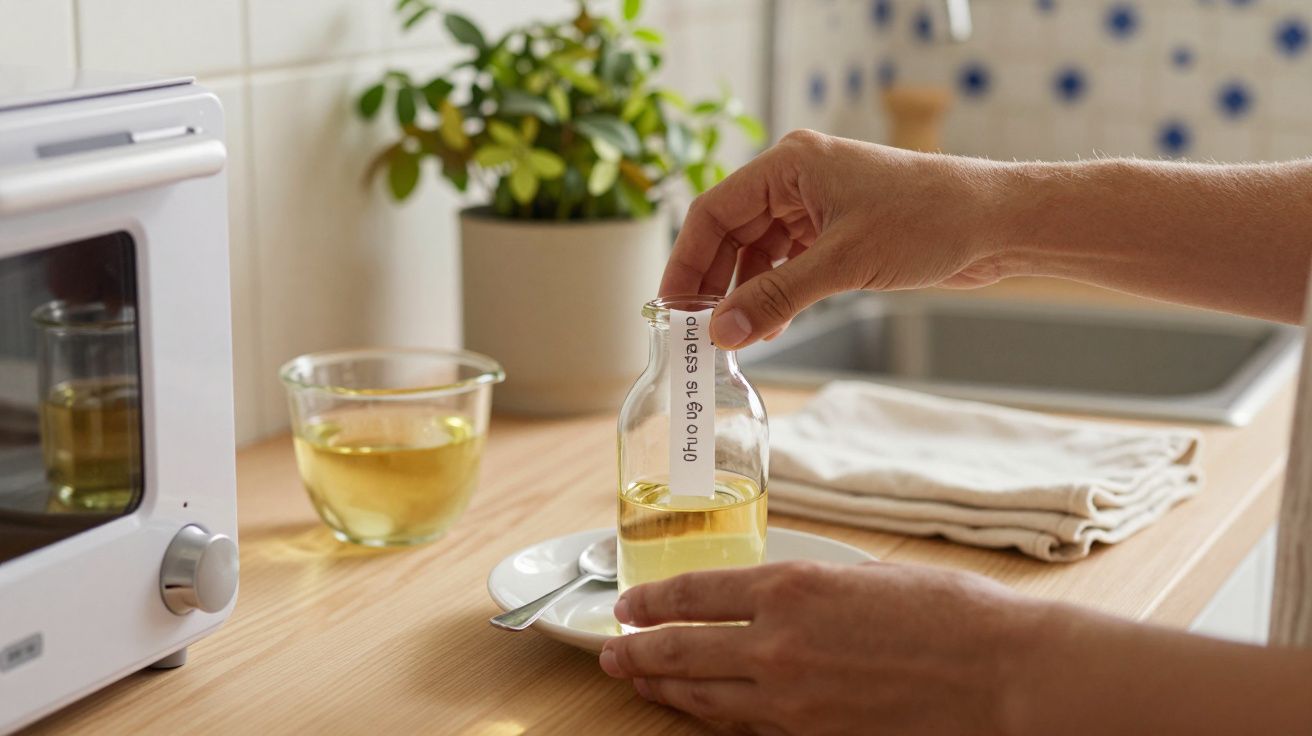 Pessoa segura garrafa de óleo em cozinha, com copo ao lado, junto a um micro-ondas e uma planta ao fundo.