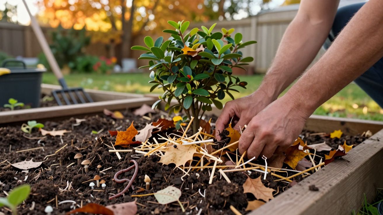 Mãos plantando arbusto em canteiro elevado, rodeado por folhas de outono e terra, num jardim ao ar livre.