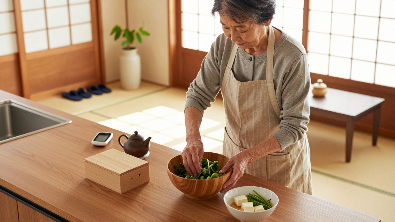 Mulher idosa a preparar uma salada numa cozinha tradicional japonesa, vestida com avental cinza.
