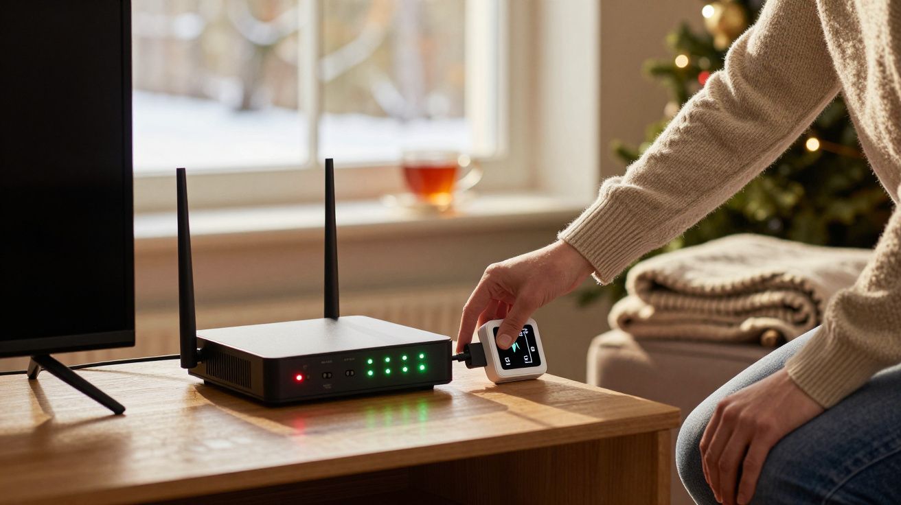 Pessoa conecta dispositivo a um router preto num espaço acolhedor com chávena ao fundo e árvore de Natal decorada.