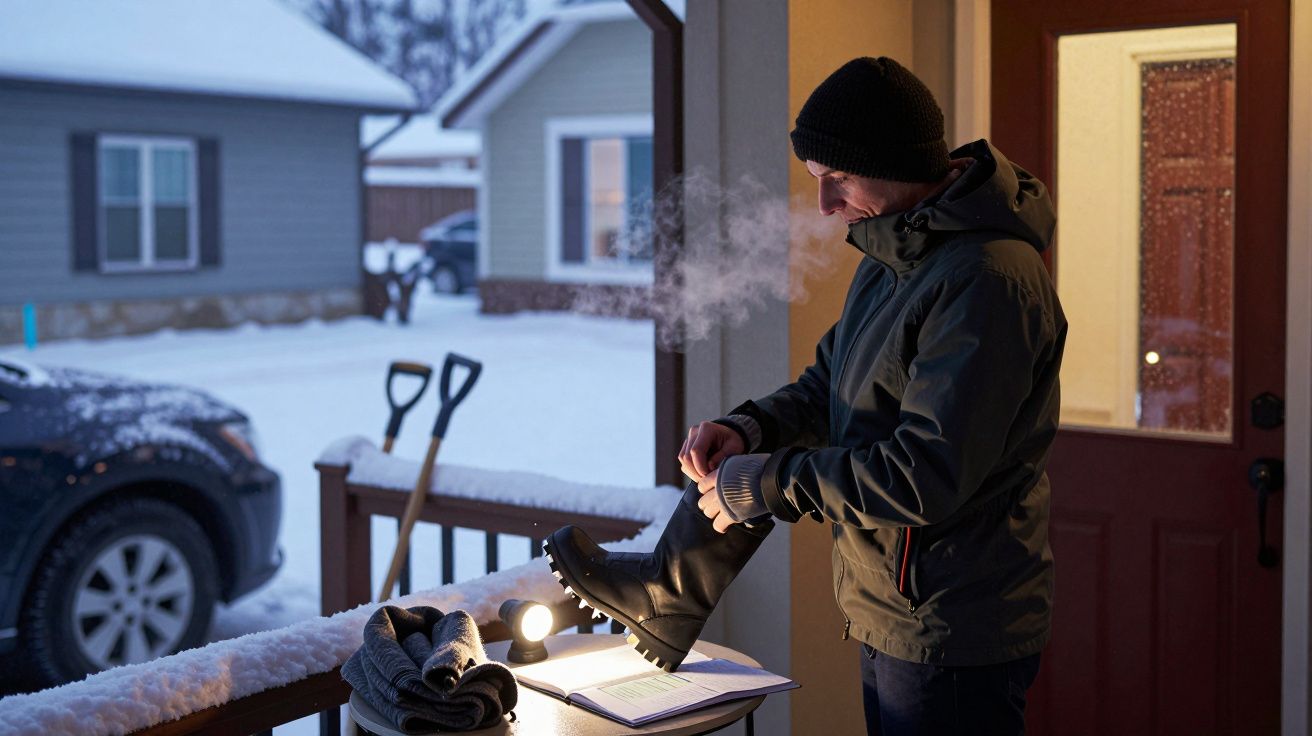 Homem em alpendre coberto de neve a ajustar botas, com respiração visível no ar frio. Pá e carro vistos à distância.