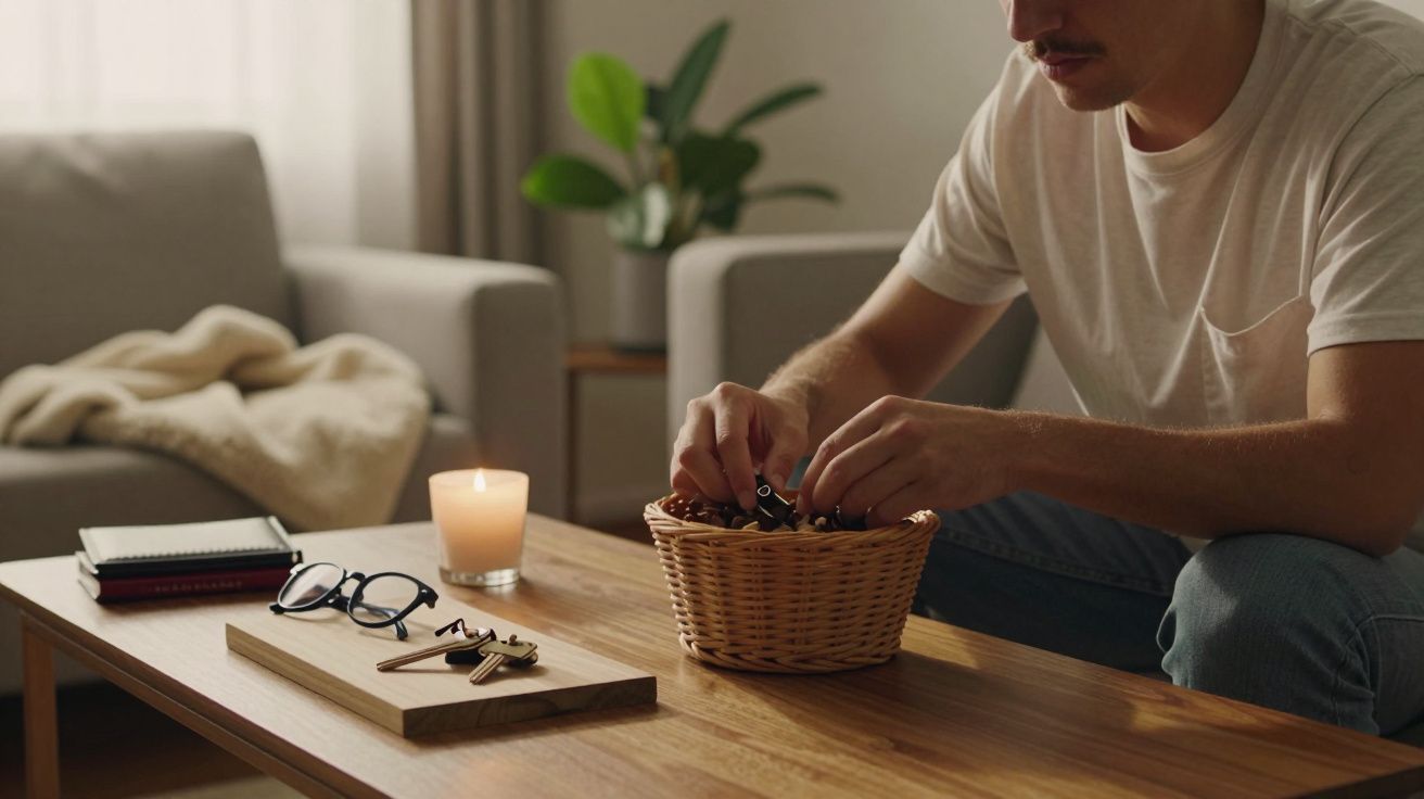 Pessoa sentada mexendo numa cesta, com mesa de madeira com vela, óculos e chave em sala moderna.