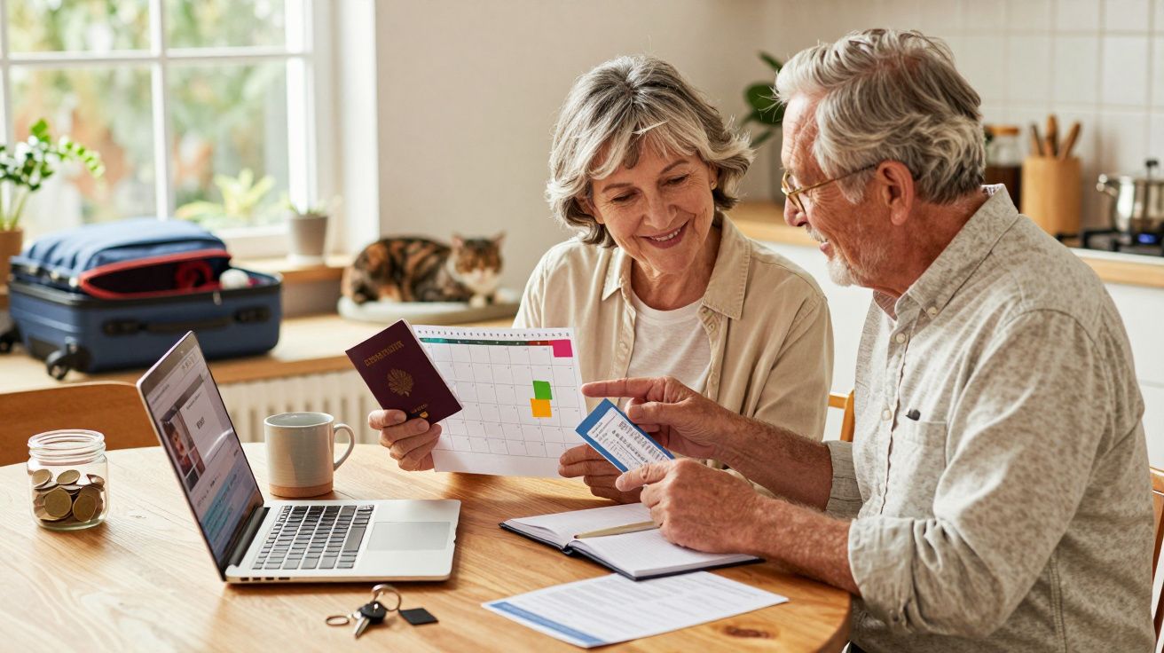 Casal idoso planeia viagem com calendário, laptop e passaporte numa cozinha iluminada.