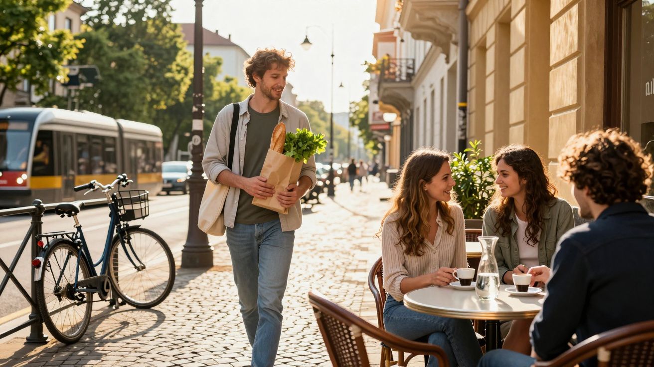 Homem com saco de compras passa por três pessoas a conversar numa esplanada numa rua movimentada com elétrico ao fundo.