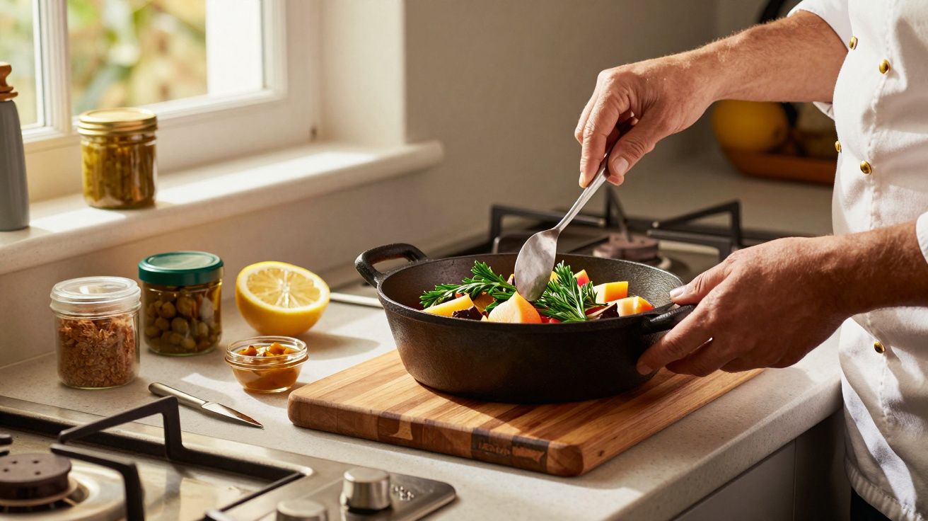 Pessoa a cozinhar legumes numa panela de ferro numa cozinha bem iluminada, com frascos e limão ao lado.
