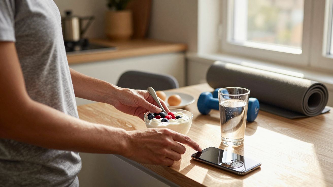 Pessoa prepara pequeno-almoço saudável com iogurte e frutas, copo de água ao lado. Pesos e esteira ao fundo.