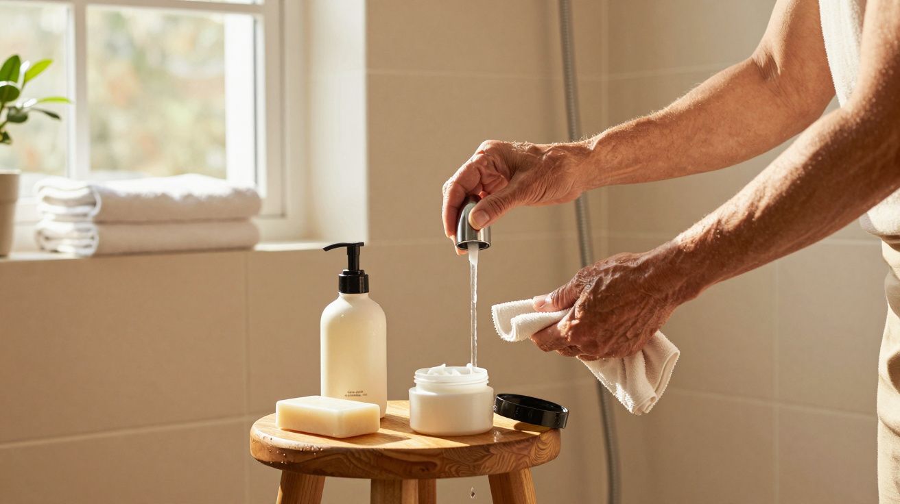 Pessoa numa casa de banho a aplicar loção com toalhas e sabonete sobre um banco de madeira, luz natural entra pela janela.