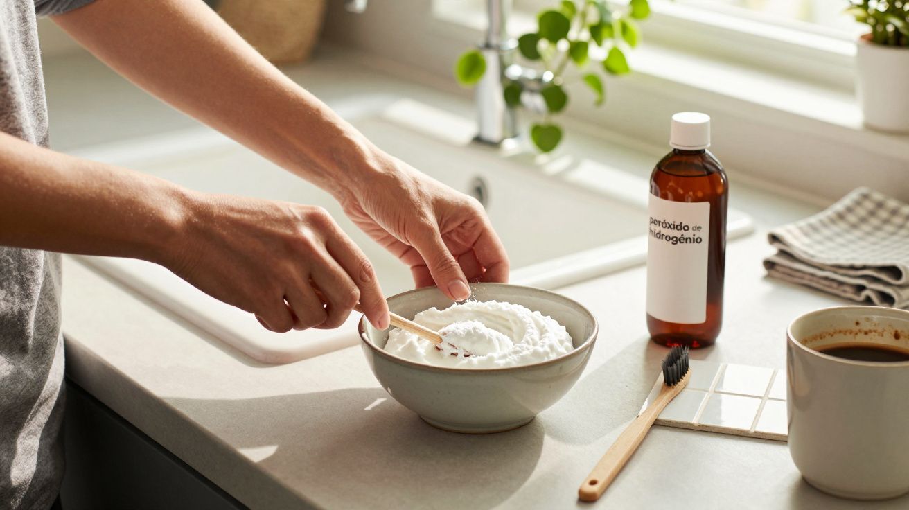 Pessoa a misturar ingrediente em taça na cozinha, ao lado de escova de dentes, chávena e frasco de peróxido de hidrogénio.