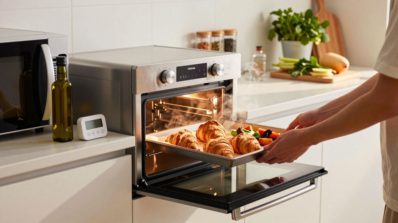 Pessoa coloca tabuleiro com croissants e vegetais num forno moderno numa cozinha bem iluminada.